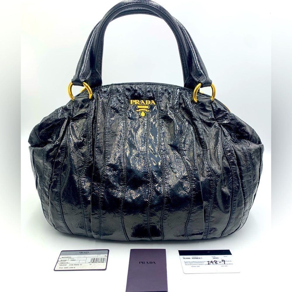 Auth Prada Black Patent Leather Whipstitch Tonal Stripe Satchel Lightweight